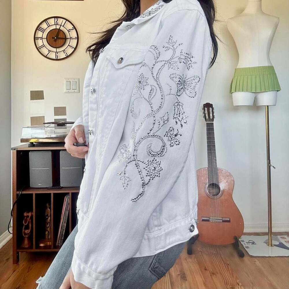 Vintage Quacker Factory Y2K White Rhinestone Butterfly Denim Jacket, Medium